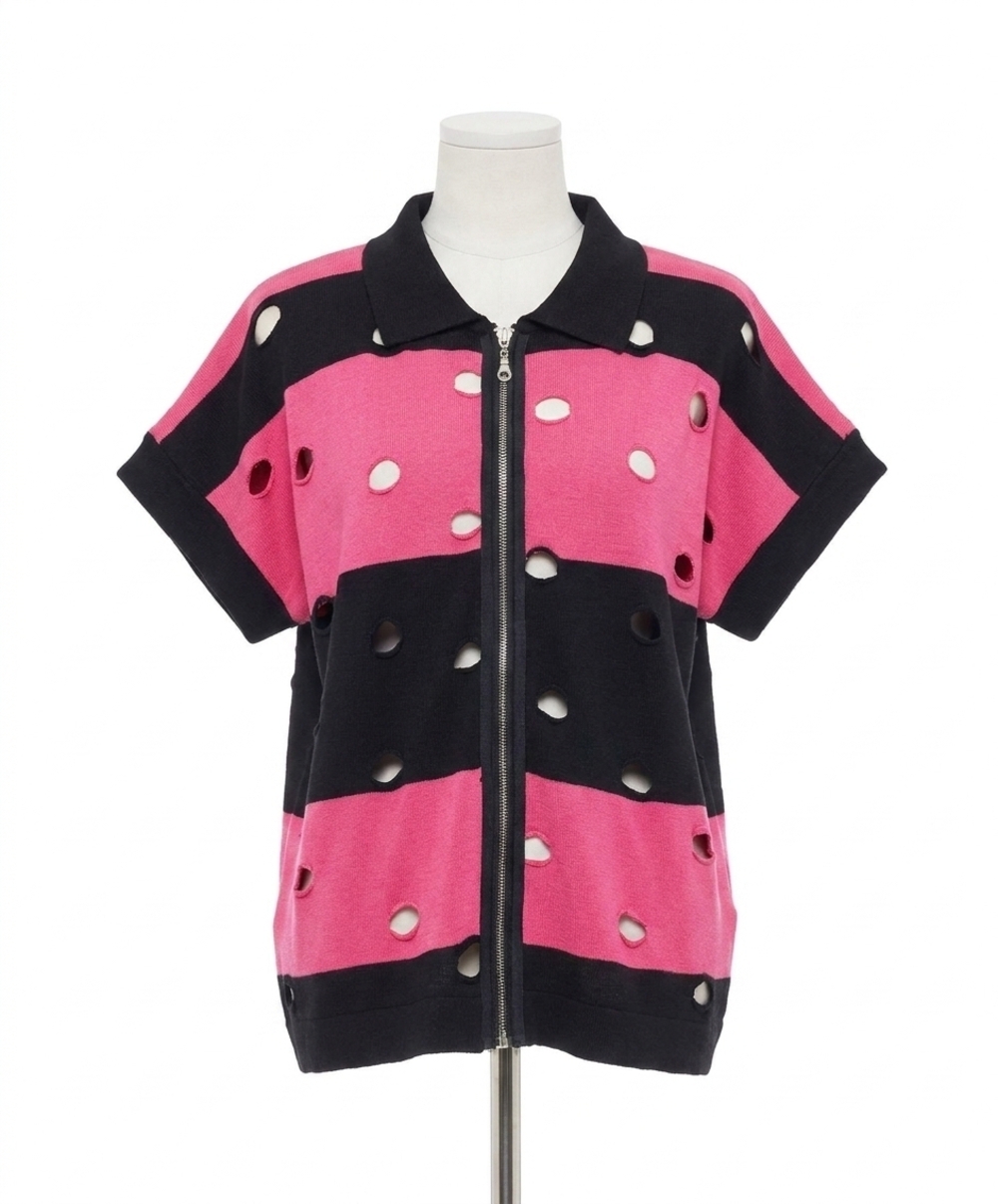 NEW ANGEL APPAREL stripe & cut out knit zip up top in black/petal